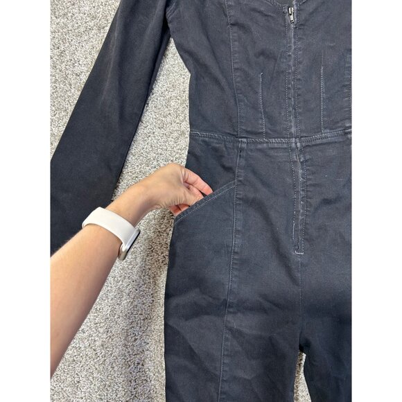 Free People Karly Jumpsuit Night Rider MD Long Sleeve Open Back Flare Leg Denim - Picture 6 of 14